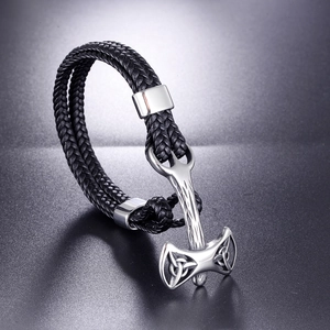 Mens black braided leather bracelet with silver stainless steel viking mjolnir hammer