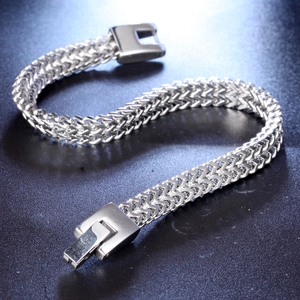 Pulsera de cadena de hueso de dragón de acero inoxidable plateado con cierre desplegable