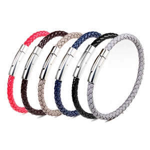 Set of six woven leather bracelets with stainless steel clasps in various colors