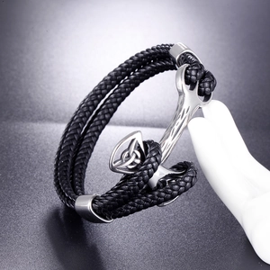 Men's anchor bracelet with black braided leather and silver stainless steel triquetra buckle