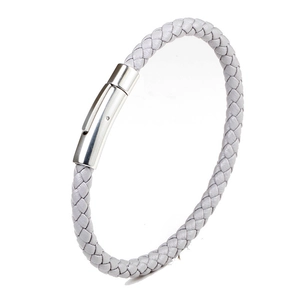 Handmade light gray woven leather bracelet with polished stainless steel buckle on white back
