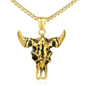Hip hop style bull skull pendant necklace in vintage gold finish with square link chain
