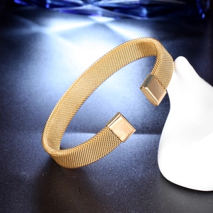 Elegant gold mesh stainless steel open bangle for men with a polished texture and sleek finish
