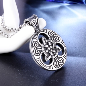 Nordic Viking Celtic Knot round pendant in vintage silver with stainless steel box chain