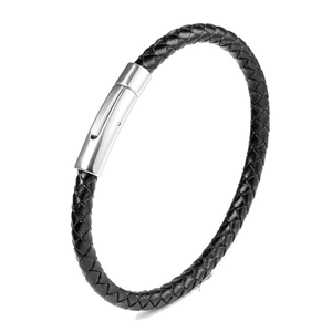Men's black braided leather bracelet with a polished silver metal clasp on white background