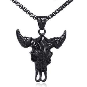 Hip hop style black stainless steel bull skull pendant necklace with venetian chain