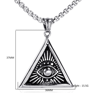 Detailed view of punk Masonic All-Seeing Eye pendant with dimensions 37mm by 36mm