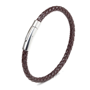 Men's dark brown braided leather bracelet with a silver stainless steel magnetic clasp