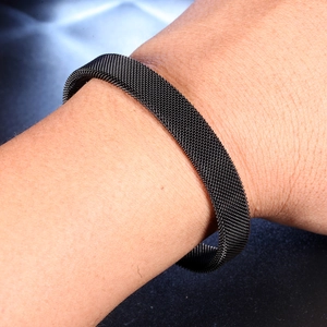 Minimalist black stainless steel mesh woven bracelet for men with modern mesh texture details