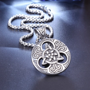 Vintage Viking Celtic Knot pendant necklace in aged stainless steel with square pearl chain
