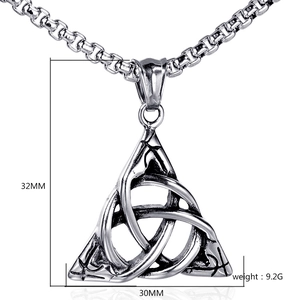 Macro view of stainless steel Triquetra pendant necklace showing size dimensions and weight