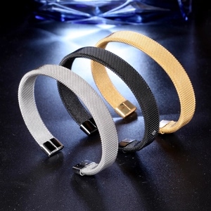 Men Stainless Steel Milanese Mesh Open Bangle Bracelet Adjustable Wire Cuff Bracelet Modern Fashion Jewelry Accessory