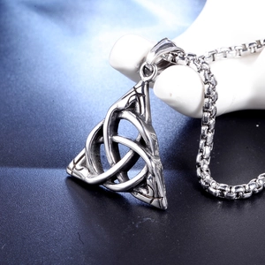 Retro stainless steel triquetra triangle necklace with polished box chain for men