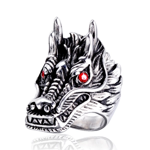 Stainless Steel Dragon Head Ring For Men Punk Gothic Rhinestone Eyes Ring Retro Viking Hip Hop Biker Jewelry