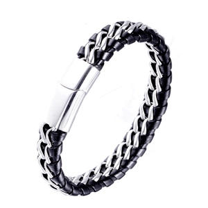 Bracelet rétro en cuir tressé pour homme avec chaîne en métal et fermoir magnétique