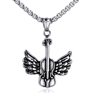 Pendentif Seul en Acier Titane Vintage Ailes d'Ange Violon Sans Chaîne Bijoux Instrument de Musique Rétro pour Hommes Femmes