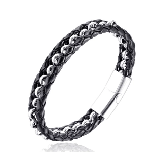 Bracelet Homme en Cuir Tressé Punk Rock Alliage d'Acier Inoxydable Fermoir Magnétique Style Industriel Chaîne de Main Cadeau