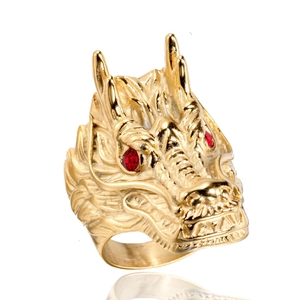 Golden titanium steel dragon head ring for men with decorative red stone eyes