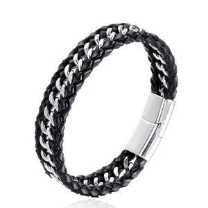 Herren Mode Geflochtenes Kunstleder Armband Mit Edelstahl Magnetverschluss Coole Geometrische Kette Handgelenkband Schmuck
