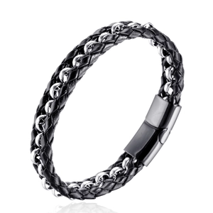 Bracelet homme en cuir tressé style punk rock avec anneaux argentés et fermoir aimanté