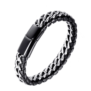 Bracelet pour homme en cuir tressé double rang avec fermoir magnétique en acier