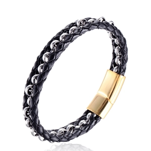 Bracelet pour homme en cuir tressé style punk rock avec anneaux argentés et fermoir doré