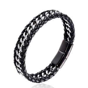 Herren Armband mehrlagig aus schwarzem geflochtenem Leder mit silberner Edelstahlkette