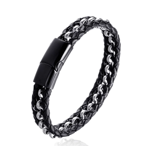 Bracelet multicouche en cuir tressé pour homme avec chaîne en acier inoxydable style punk