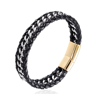 Mehrlagiges schwarzes geflochtenes Lederarmband für Herren mit goldener Magnetschließe