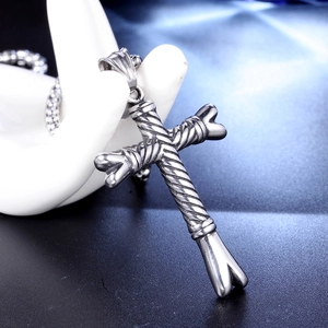 Gothic cross necklace for men with vintage black finish and twisted rope bone texture