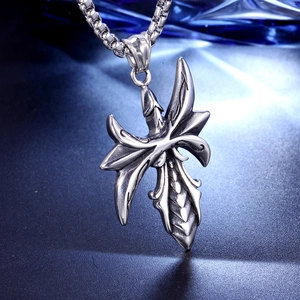 Gothic titanium steel necklace featuring a silver cross sword pendant on a pearl chain