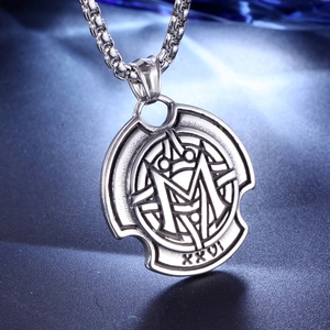 Industrial style stainless steel pendant necklace featuring Odin symbol M and XXVI engraving