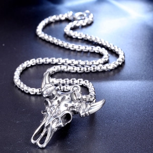 Polished stainless steel bull skull pendant necklace with silver finish and box chain