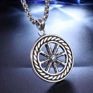 Mens silver stainless steel compass wheel pendant with nautical braided edge on a box chain