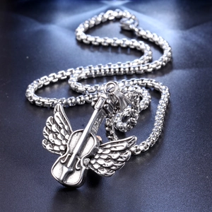 Collier rétro avec pendentif aile d'aigle et violon en argent antique et chaîne box