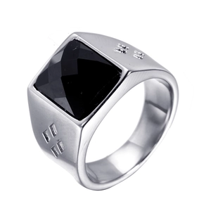 Silver stainless steel ring with square black glass stone and geometric cutouts