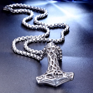 Men's Viking Mjolnir pendant with vintage box chain in matte stainless steel finish