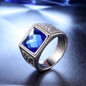 Men's retro stainless steel ring with a large square blue gemstone and geometric relief