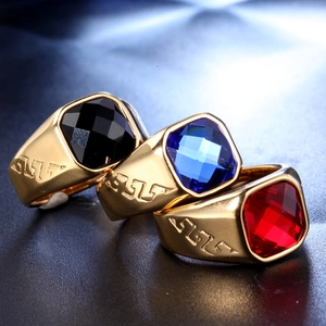 Three-piece set of men's gold stainless steel rings with large square agate stones