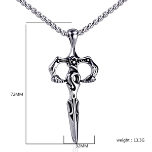 Detail view of silver sword pendant with 72mm height and 32mm width dimensions