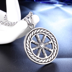 Men's retro stainless steel compass pendant necklace with Dharmachakra design on a box chain