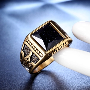 Men's vintage gold titanium ring with blue sandstone and Masonic square symbol