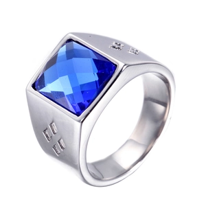 Polished stainless steel ring for men featuring a square blue faceted gemstone