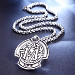 Vintage stainless steel Odin symbol M necklace with Roman numerals on a box chain