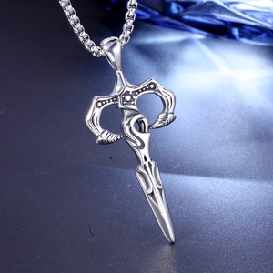 Vintage stainless steel cross sword pendant with box chain and gothic textured finish