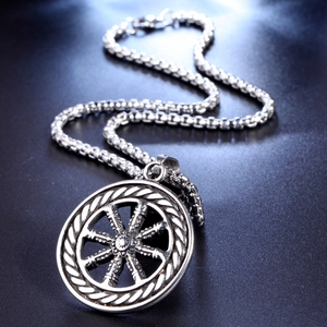 Men's stainless steel compass pendant necklace with round nautical helm on box chain