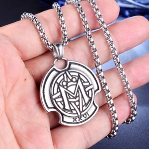 Odin M-letter shield pendant necklace in silver stainless steel with square pearl chain