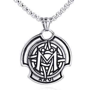 Vintage Stainless Steel Round Pendant Necklace Ehwaz Odin Rune Letter M Roman Numeral XXVI Punk Rock Jewelry For Men Women