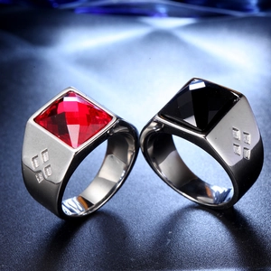 Polished stainless steel rings for men with square red and black synthetic gemstones