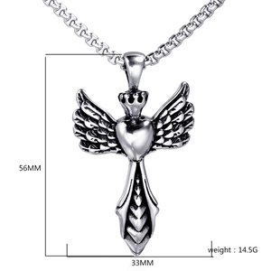 Detailed view of vintage wing heart cross pendant with dimensions 56mm by 33mm